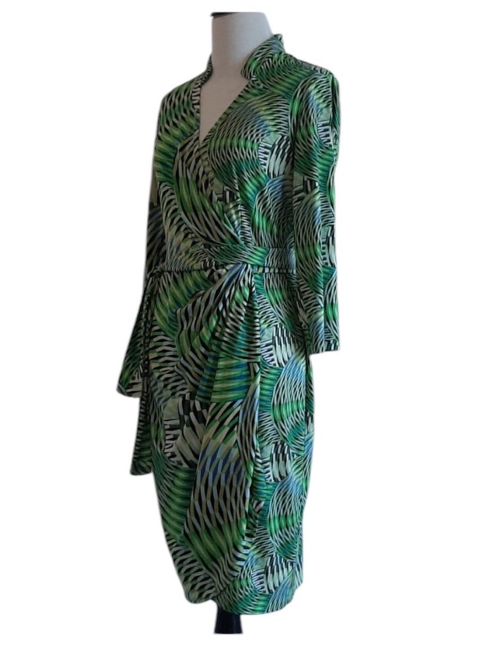 MAGGY LONDON Printed Green Black Geometric Wrap Dress Summer Spring Size 2
